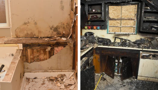 Collage of fire damage and mold damage