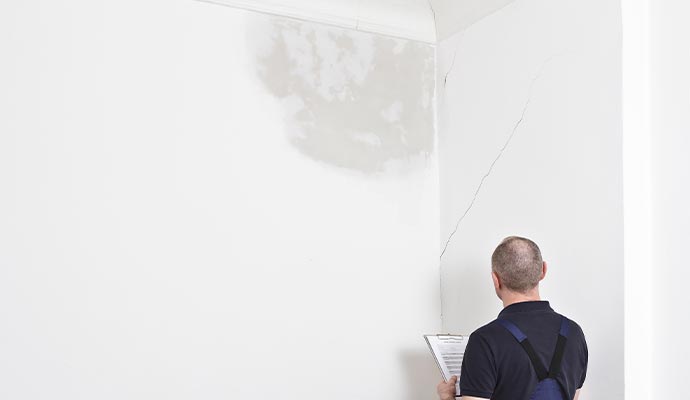 inspecting water damaged wall