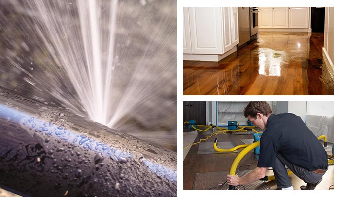 broken water pipe, water damaged property, and water damage restoration