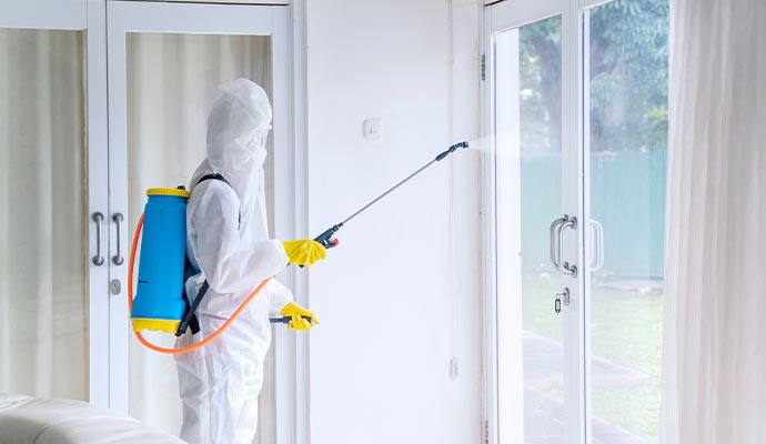 worker disinfecting glass door